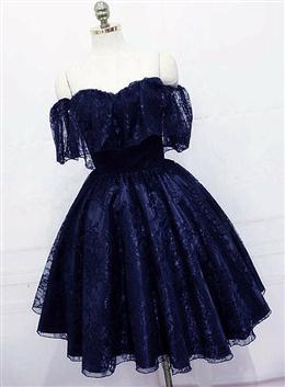 Picture of Lovely Navy Blue Lace Short Off Shoulder Prom Dresses, Navy Blue Lace Homecoming Dress